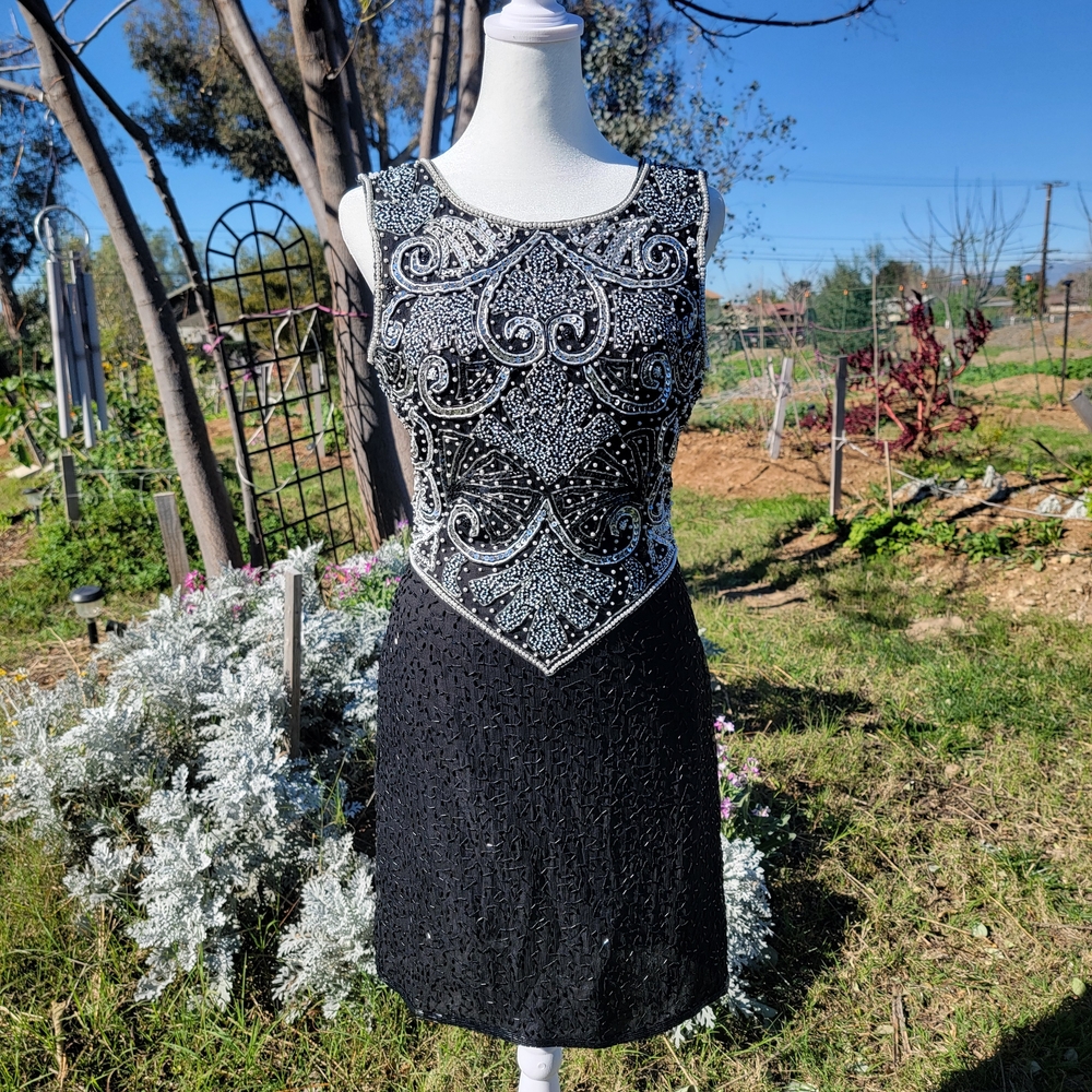 Vintage 80s Laurence Kazar Black White and Silver Beaded Dress Small